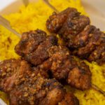 harissa airfryer chicken kabobs on tumeric and garlic rice